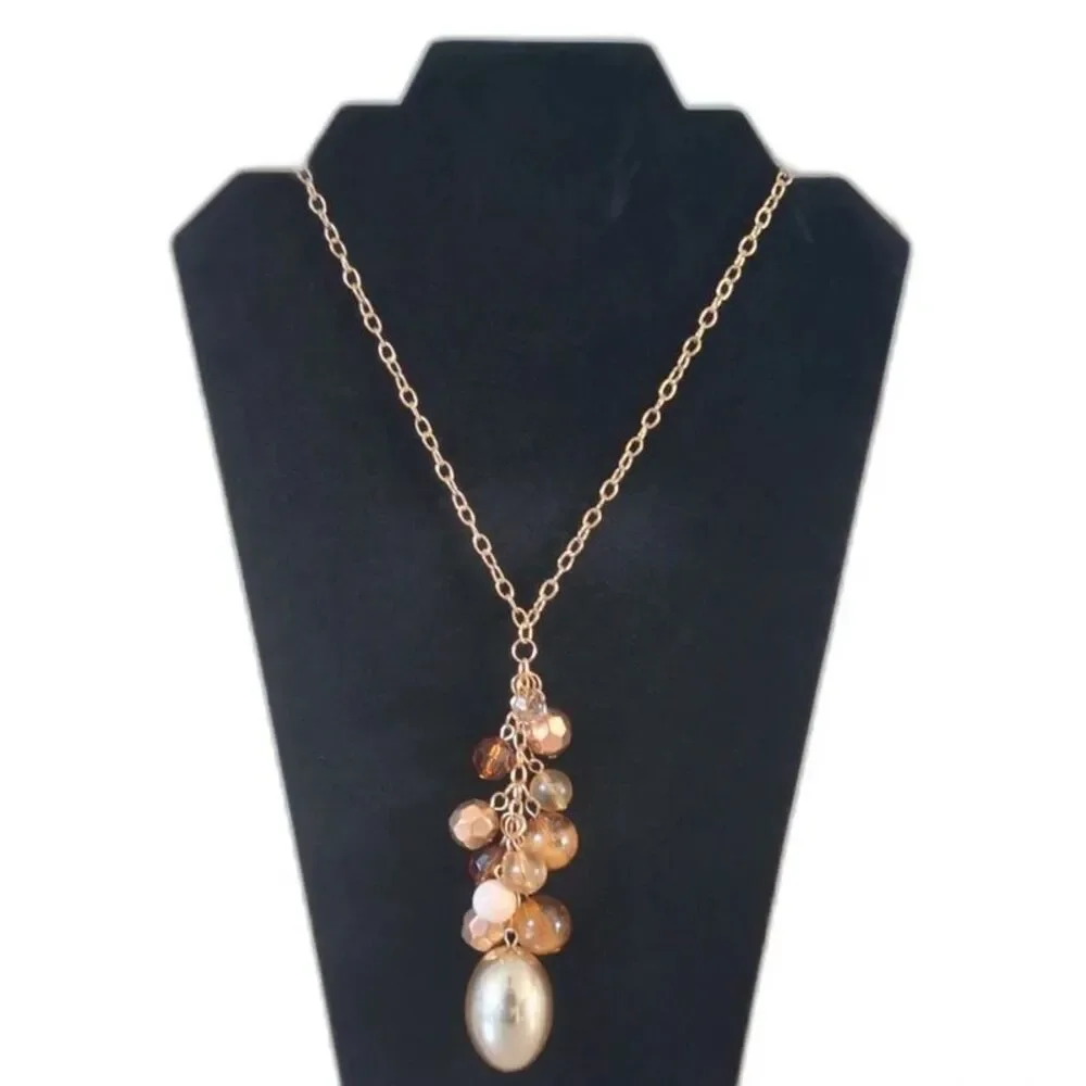 Gold Tone Orange Assorted Beads Cluster Pendant Y-Drop Lariat Statement Necklace